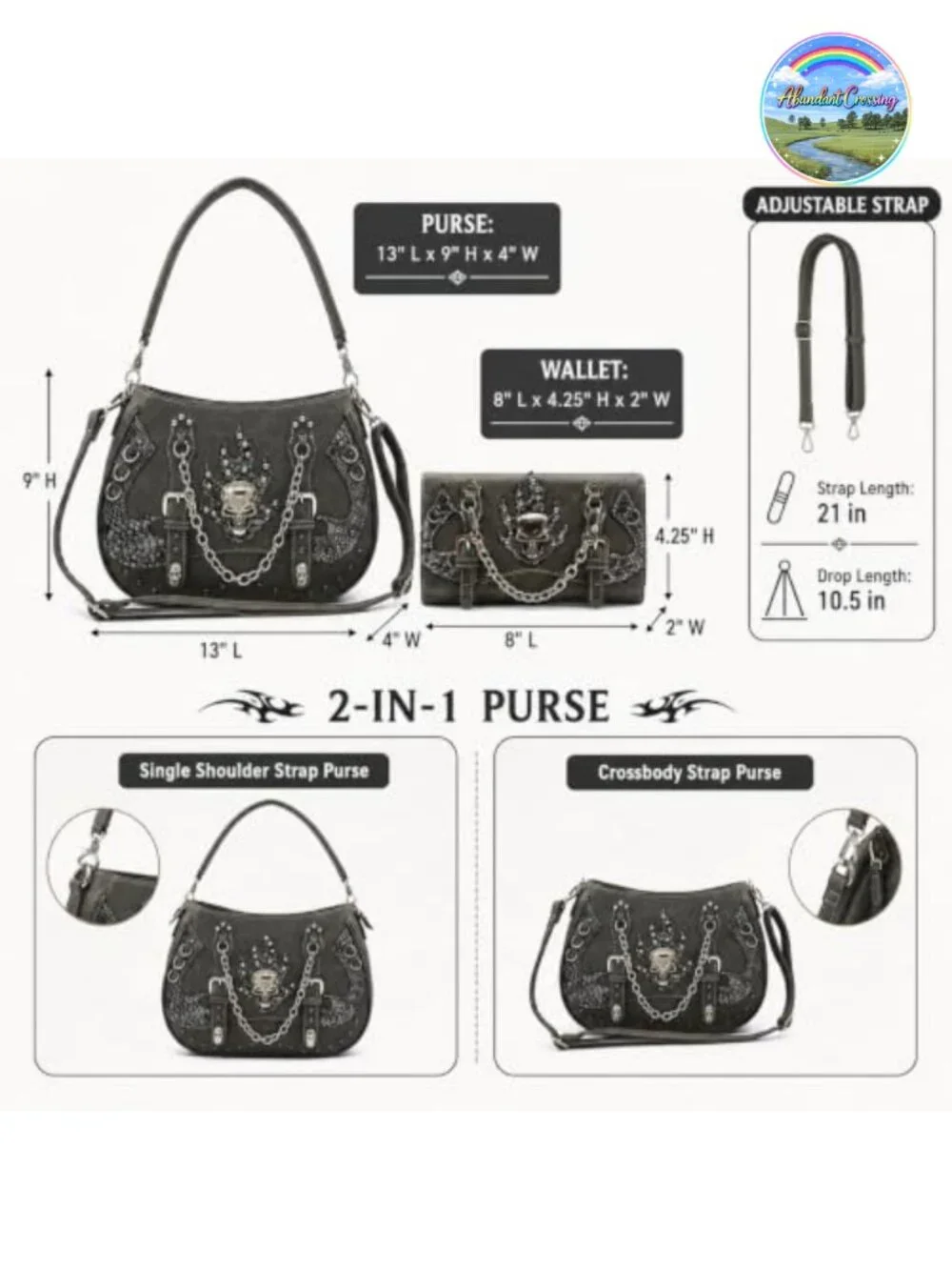 Gothic Skull Purse and Wallet Set 2-Piece Faux Leather Satchel